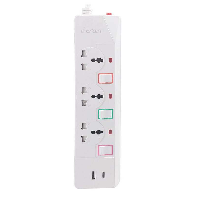 E-train Power Strip, 3 Output Plugs, 1 USB, 1 USB-C, 2.4A, 16A, 1.5 Meters, White - PS074
