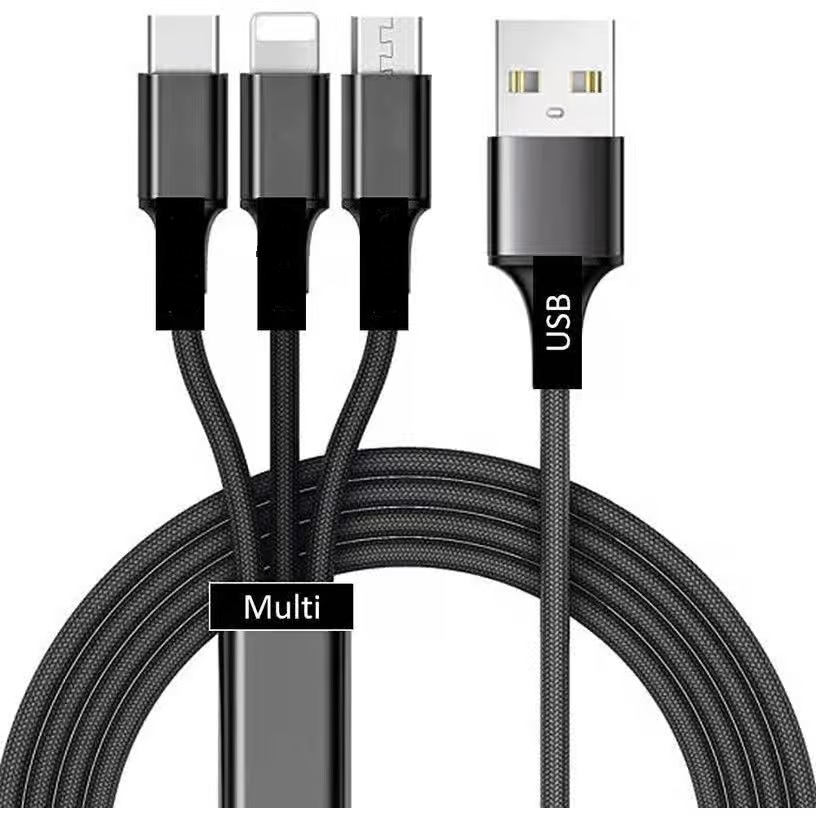USB-A to USB-C, Micro USB, Lightning Charging Cable, 1 Meter, 3A - Black