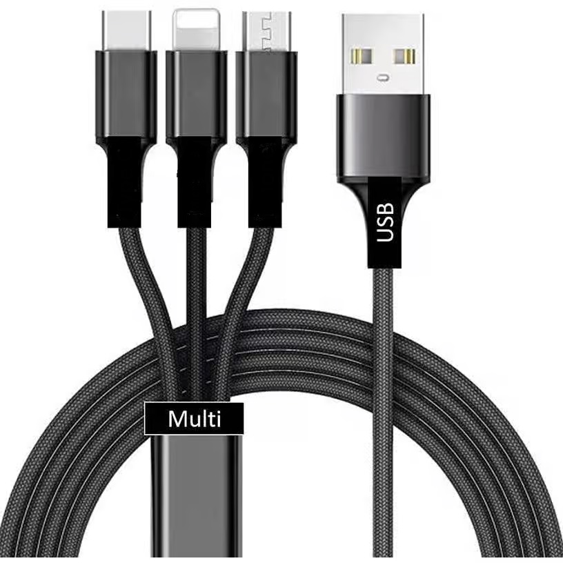 كابل شحن USB-A إلى USB-C ومايكرو USB ولايتنينج، 1 متر، 3 امبير - اسود