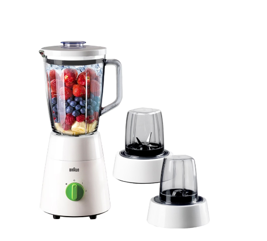 Braun 3 In 1 Jug Blender with Chopper and Grinder, 500 Watt, White - JB0123WH