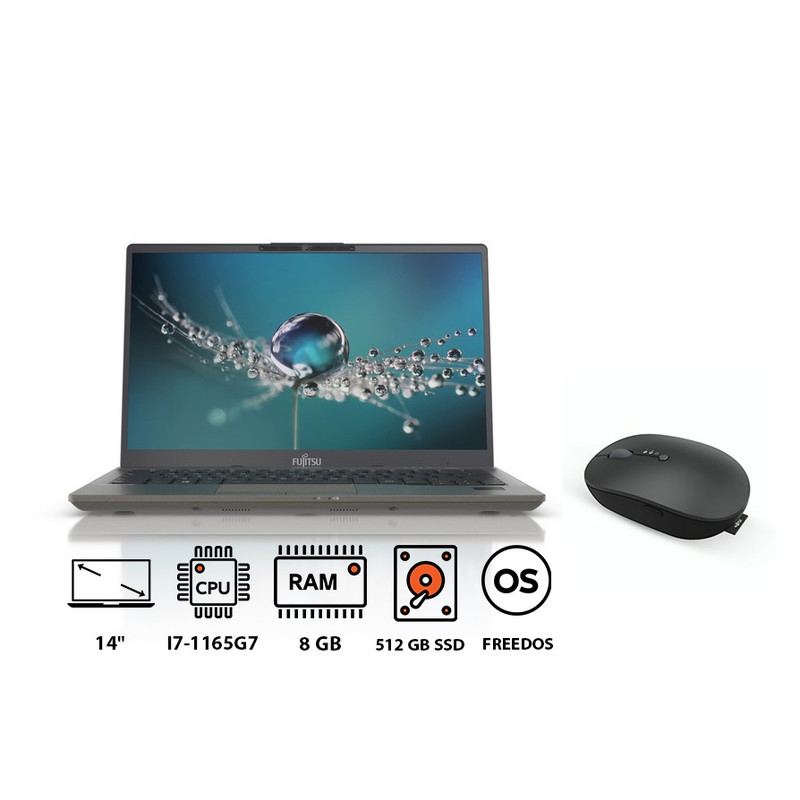 Fujitsu LIFEBOOK U7411 Laptop, Intel Core I7-1165G7, 512GB SSD, 8GB RAM, 14 Inch HD, Intel Iris Xe Graphics, FREEDOS - Grey with Wireless Mouse, Black - WI860