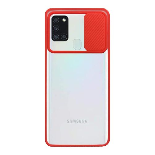 Stratg Back Cover with Camera Slider for Samsung Galaxy A21S - Transparent and Red