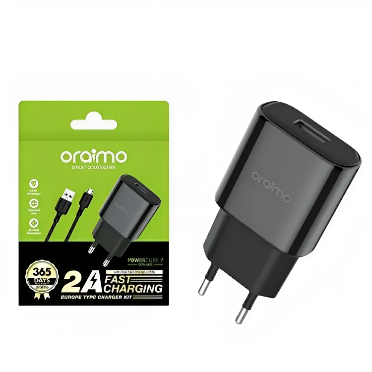 Oraimo Wall Charger with Micro USB Cable, 5V, 2A, USB-A Port, Black - OCW-E66S+M53