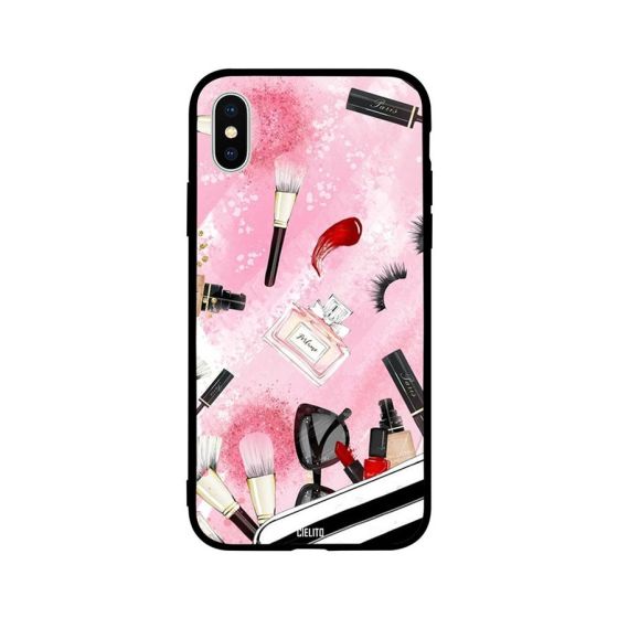 Makeup Kit On Pink Background Printed Back Cover for Apple iPhone XS