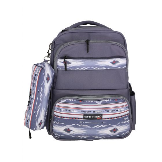 Gharibo Bags School Backpack With Pencil Case For Kids, Feathers Pattern - Grey