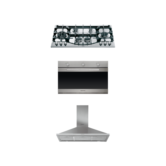 Ariston Built-In Set Of Gas Hob, 90cm, 6 Burners - Gas Oven, 105 Liters And Chimney Hood, 90cm - Silver