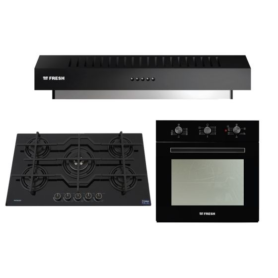 Fresh Gas Built-in Hob, 90cm, 5 Burners, Black- 17512 with Fresh Built-In Dual Fuel Oven with Grill, 56 Liters, Black - GEOFR60CMB, and Built-in Hood, 90 CM, Black - Classic 90 - BL