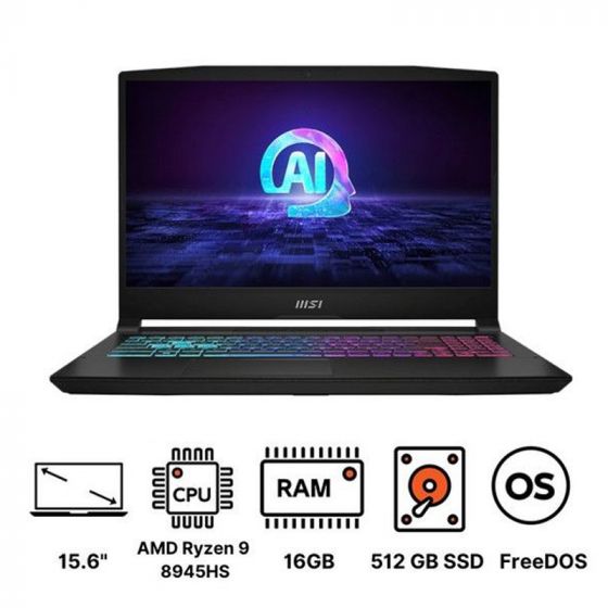MSI Katana A15 AI B8VE Laptop, AMD Ryzen 9 8945HS, 512GB SSD, 16GB RAM, 15.6 Inch, FHD IPS 144Hz Display, NVIDIA GeForce RTX 4050 6GB GDDR6, FreeDOS - Black