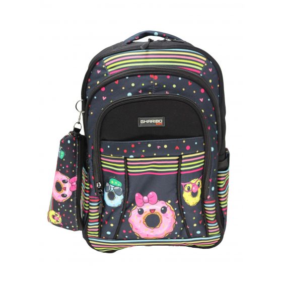 Gharibo Bags School Backpack With Pencil Case For Girls, Donuts Pattern - Black