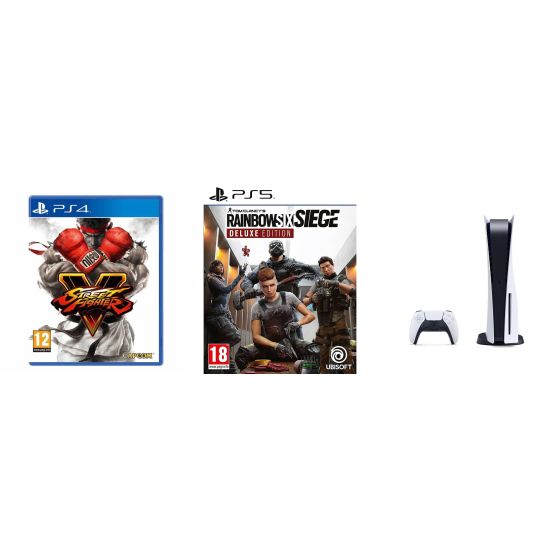 Sony PlayStation 5, 1 Wireless Controller, White - CFI-1016A01 MEE, with Street Fighter 5 Game for PlayStation 4, and Tom Clancy's Rainbow Six Siege, Deluxe Edition for PlayStation5