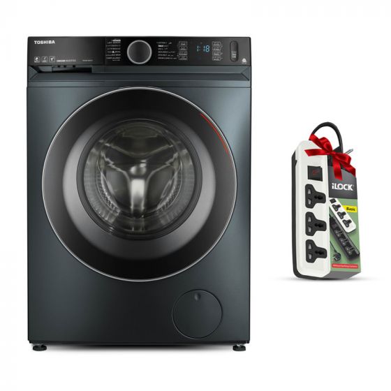 Toshiba Front Load Automatic Washing Machine, 8Kg, Inverter Motor, Morandi Grey - TW-BK90GF4EG(MK) with iLock Power Strip, 3 Outlets, 2860W - White
