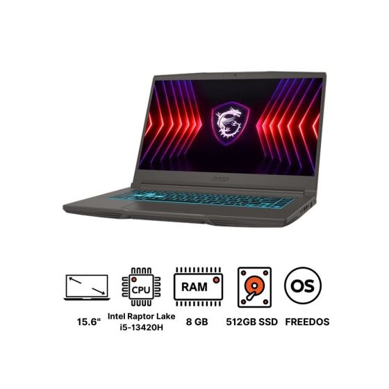 MSI Thin 15 B13UCX Gaming Laptop, Intel Raptor Lake i5-13420H, 512GB SSD, 8GB RAM, 15.6 Inch, FHD, IPS 144Hz, Nvidia GeForce RTX 2050 GDDR6 4GB, FREEDOS - Cosmos Gray