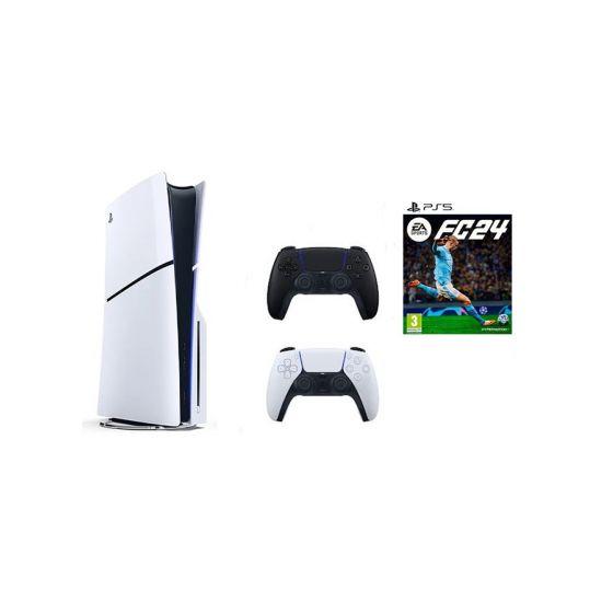 Sony PlayStation 5 Slim Disc Edition, 1TB SSD, with 2 Wireless Controllers, White and Black  and FC 24- White