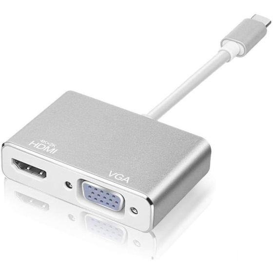 محول 2 في 1 USB فئة C الى VGA وHDMI - فضي