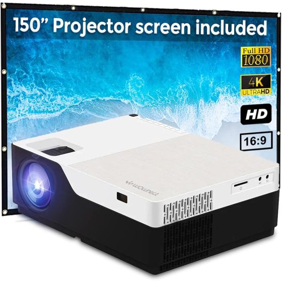 Wownect LED Projector, 1920x1080 Resolution, Black and White - M18 with 150 Inch Projection Screen