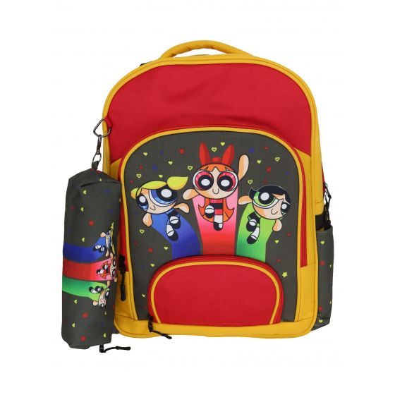 Gharibo Bags School Backpack With Pencil Case For Girls, Powerpuff Girls Pattern - Red and Yellow