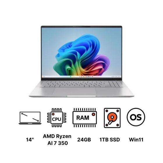 لاب توب اسوس فيفوبوك S16 M5606KA-RI417W 90NB1593-M007J0، ايه ام دي رايزن AI 7 350، هارد SSD سعة 1 تيرا، رام 24 جيجا، شاشة OLED، مقاس 16 بوصة، بمعدل تحديث 120 هرتز، كارت شاشة ايه ام دي راديون، ويندوز 11 - فضي كول