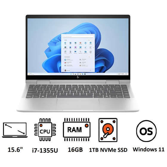 HP Envy X360 15T-FE000 2-in-1 Laptop, Intel Core i7-1355U, 1TB NVMe SSD, 16GB RAM, 15.6 Inch FHD Display, Nvidia GeForce RTX 3050 4GB, Windows 11 - Silver