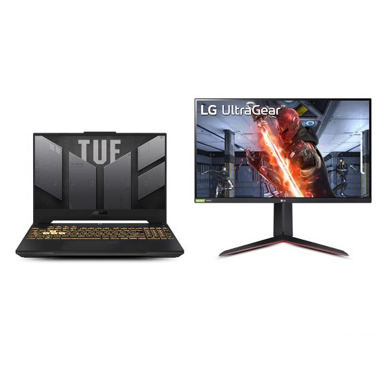 لاب توب اسوس تاف جيمنج F15 FX507ZC 2022، انتل كور i5-12500H، سعة 512 جيجا SSD، رام 8 جيجا، شاشة مقاس 15.6 بوصة، بدقة FHD، كارت شاشة انفيديا جي فورس RTX 3050 بسعة 4 جيجا ، ويندوز 11 - رمادي ميكا مع شاشة العاب ال جي الترا جير مقاس 27 بوصة -27GN65R-B