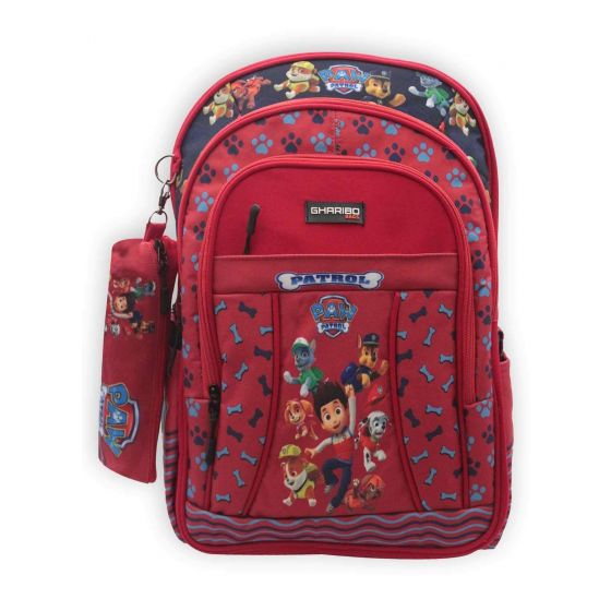 Gharibo Bags School Backpack With Pencil Case For Girls, Paw Patrol Pattern - Red