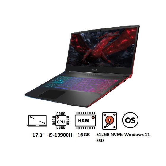 لاب توب ام اس اي كاتانا 17 B13VGK، انتل كور i9-13900H، هارد 512 جيجا NVMe PCIe Gen4 SSD، رام 16 جيجا، شاشة 17.3 بوصة بدقة FHD ومعدل تحديث 144 هرتز، كارت شاشة نفيديا جي فورس RTX 4070 سعة 8 جيجا، ويندوز 11 - اسود