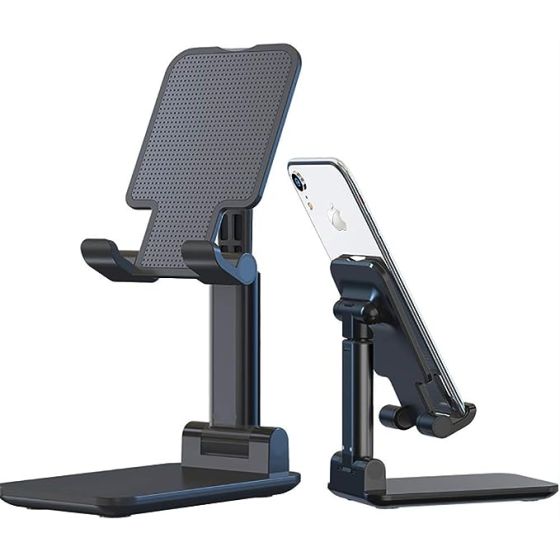 Adjustable Phone Stand for Desk, Foldable Cell Phone Holder for Desk, Stable Aluminum Desktop Holder, Universal Tablet Adjustable Stand Compatible with Mobile Phone/iPad/Tablets (Black)