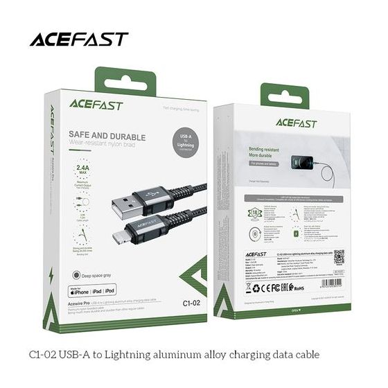 Acefast USB-A to Lightning Charging Data Cable, 1.2 Meter, Grey - C1-02
