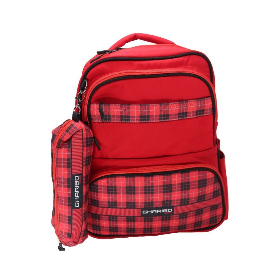 Gharibo Bags School Backpack With Pencil Case For Girls, Cross Lines Pattern - Red