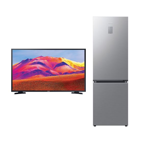 شاشة تلفزيون سامسونج سمارت 43 بوصة LED بدقة FHD  مع رسيفر داخلي - UA43T5300AUXEG و ثلاجة نوفروست سامسونج، 340 لتر، فضي - RB34C671ES9-MR
