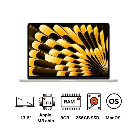 لاب توب ابل ماك بوك اير بشريحة ابل M3 مع معالج 8 أنوية ومعالج رسومات 8 أنوية، محرك عصبي 16 نواة، هارد SSD سعة 256 جيجا، 8 جيجا رام، شاشة 13.6 بوصة، MacOS - ستارلايت