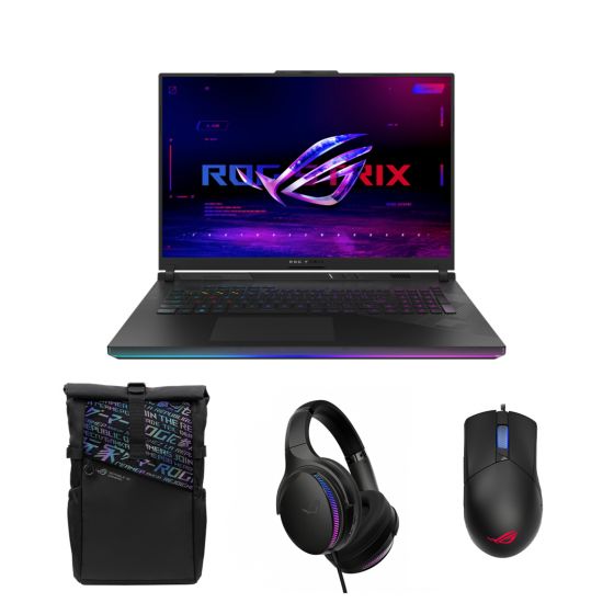 لاب توب اسوس روج ستريكس سكار 18 2024 G834JYR-R6041W، انتل كور i9 14900HX، هارد SSD سعة 2 تيرا، رام 32 جيجا، شاشة 18 بوصة LED، بدقة WQXGA ومعدل تحديث 240 هرتز، انفيديا جي فورس RTX 4090 سعة 16 جيجا GDDR6، ويندوز 11 - اسود، مع حقيبة ظهر، ماوس، وسماعة راس