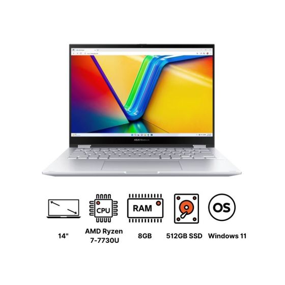 Asus Vivobook S 14 Flip TN3402YA LZ007W Laptop, AMD Ryzen 7 7730U, 512GB SSD, 8GB RAM, 14 Inch Touchscreen, WUXGA IPS LED 60Hz Display, AMD Radeon Graphics, Windows 11 - Cool Silver