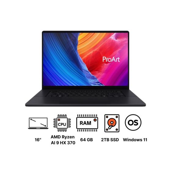 لاب توب اسوس برو ارت P16 H7606WI-ME139W، ايه ام دي رايزن AI 9 HX 370، هارد M.2 NVMe SSD سعة 2 تيرا، رام 64 جيجا، شاشة 16 بوصة تعمل باللمس، دقة 4K، بمعدل تحديث 120 هرتز، كارت شاشة نفيديا جي فورس RTX4070 سعة 8 جيجا، ويندوز 11 - اسود نانو مع حقيبة 