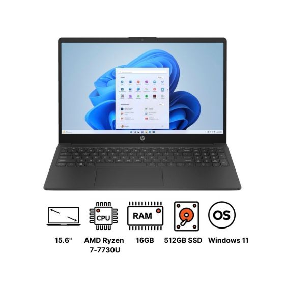 HP 15-fc0036ne 7Y7P7EA Laptop, AMD Ryzen 7-7730U,  512GB SSD, 16GB RAM, 15.6 Inch HD Display,  AMD Radeon Graphics, Windows 11- Black