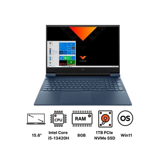 لاب توب جيمنج اتش بي فيكتوس 15-fa1093ne 80S91EA، انتل كور i5-13420H، هارد 1 تيرا  PCIe NVMe SSD، رام 8 جيجا، شاشة IPS مقاس 15.6 بوصة، بدقة FHD، كارت شاشة انفيديا جي فورس  RTX 2050 سعة 4 جيجا GDDR6 ، ويندوز 11 - ازرق  