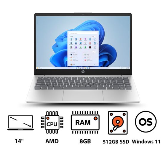 Hp 14-em0006ne Laptop, AMD Ryzen 5 7520U, 512GB SSD, 8GB RAM, 14 Inch FHD IPS Display, Integrated AMD Radeon Graphics, Windows 11- Natural Silver