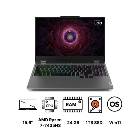 لينوفو LOQ 15ARP9 83JC00DBED لابتوب، ايه ام دي راديون رايزن 7-7435HS، 1 تيرا SSD، 24 جيجا رام، 15.6 بوصة، FHD، IPS، 144 هرتز،  كارت شاشة انفيديا جي فورس RTX 4070 8 جيجا، ويندوز 11 - رمادي لونا