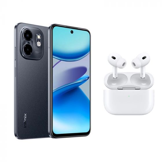 Infinix Smart 9, 64GB, 3GB RAM, 4G, Dual SIM - Metallic Black with Ridingtone AirPods Pro 2nd Generation Earbuds - White