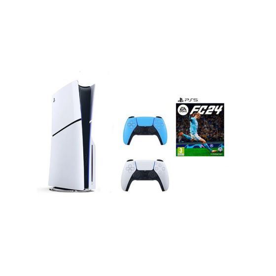 Sony PlayStation 5 Slim Disc Edition, 1TB SSD, with 2 Wireless Controllers, White and Blue, and  FC 24 - White