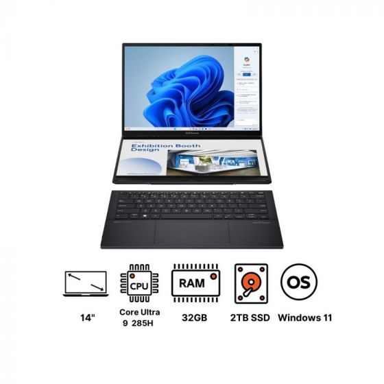 Asus Zenbook Duo UX8406CA-PZ005W Laptop, Intel Core Ultra 9 285H, 2TB SSD, 32GB RAM, 14 Inch 3K OLED 120Hz Display, Intel Arc Graphics, Windows 11 - Inkwell Gray, with Laptop Bag
