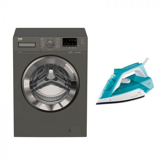 Beko Front Load Inverter Washing Machine, 7 Kg, Grey - WTV 7512 XMCI2, with Steam Iron, 2200 Watt - SIM 3122 T
