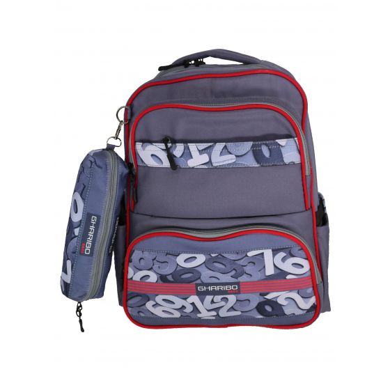 Gharibo Bags School Backpack With Pencil Case For Kids, Numbers Pattern - Grey