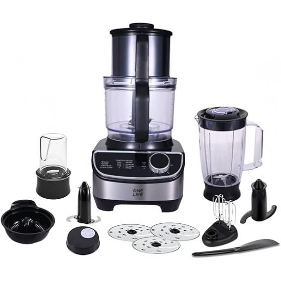 One Life Food Processor with Attachments, 1300W, Black - FP1300S