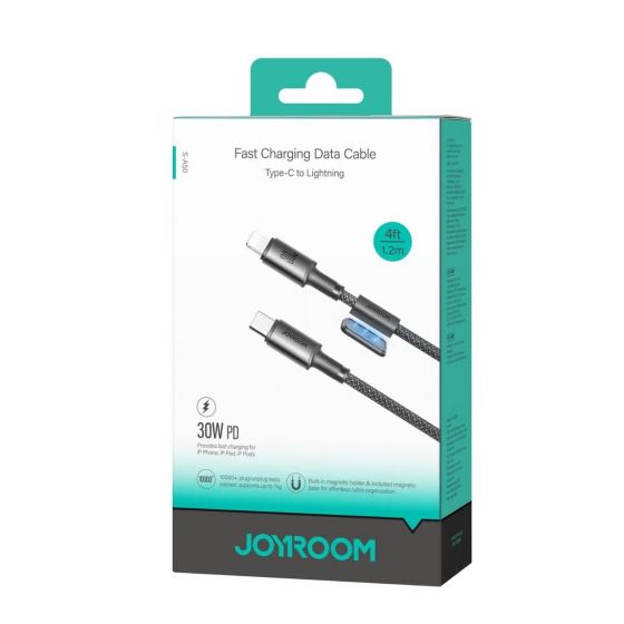 كابل شحن ونقل بيانات USB-C الى لايتنينج جوي روم بقاعدة مغناطيسية بتصميم مضفر، 30 وات، طوله 1.2 متر، اسود - S-A50