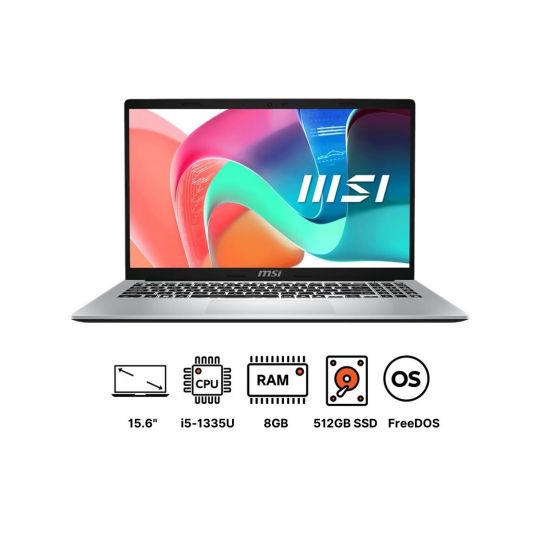 MSI Modern 15 F13MG Laptop, Intel Core i5-1335U, 512GB SSD, 8GB RAM, 15.6 Inch FHD IPS 60Hz Display, Intel Iris Xe Graphics, Dos- Urban Silver