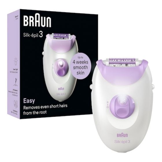 Braun Silk-Epil 3 Wet and Dry Epilator for Women, White and Purple- SE 3000