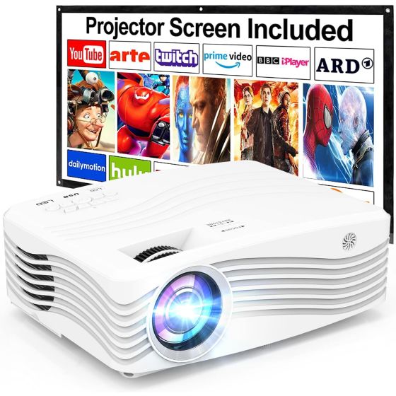 AK-50 LED Projector, 1920x1080 Resolution - White with 120 Inch Projection Screen