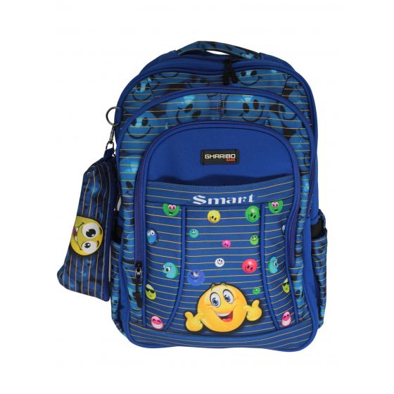 Gharibo Bags School Backpack With Pencil Case For Kids, Emoji Pattern - Blue