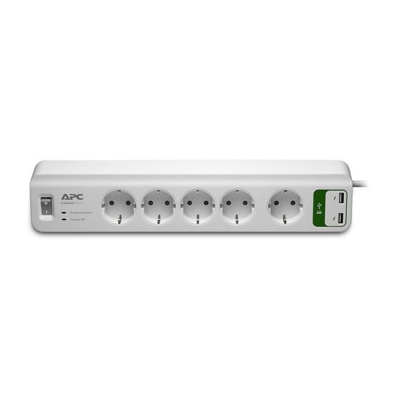 APC Essential SurgeArrest Electric Adapter, 5 Outlets, 2 USB Ports, White - PM5U-GR