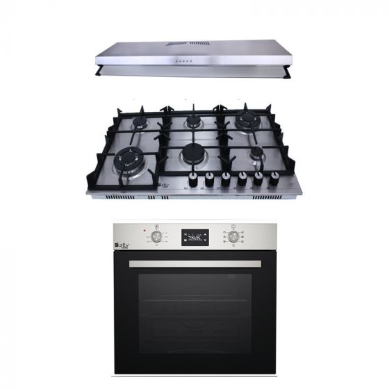 Purity Gas Built-in Hob, 90cm, 6 Burners, Stainless Steel - HPT904S, with PIATTA Island Hood, 90 CM, and Built-in Electric Oven, 65 Liters - OPT60EED